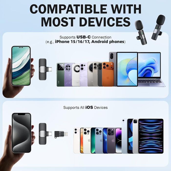 Беспроводной петличный микрофон для телефона/iPhone/iPad/камеры, Mini-микрофон для стриминга, подавление шума, Plug & Play, идеален для видеосъемок, подкастов, YouTube, TikTok & интервью (K9)