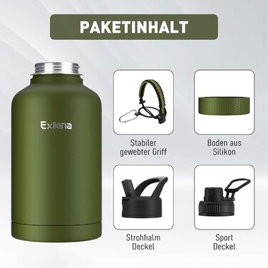 2L Stainless Steel Water Bottle with Straw, Double-Insulated Water Bottle 2 Liter with Two Lids and Protective Silicone Boot, Practical Paracord Handle for Carrying - (1893 ml, Green)