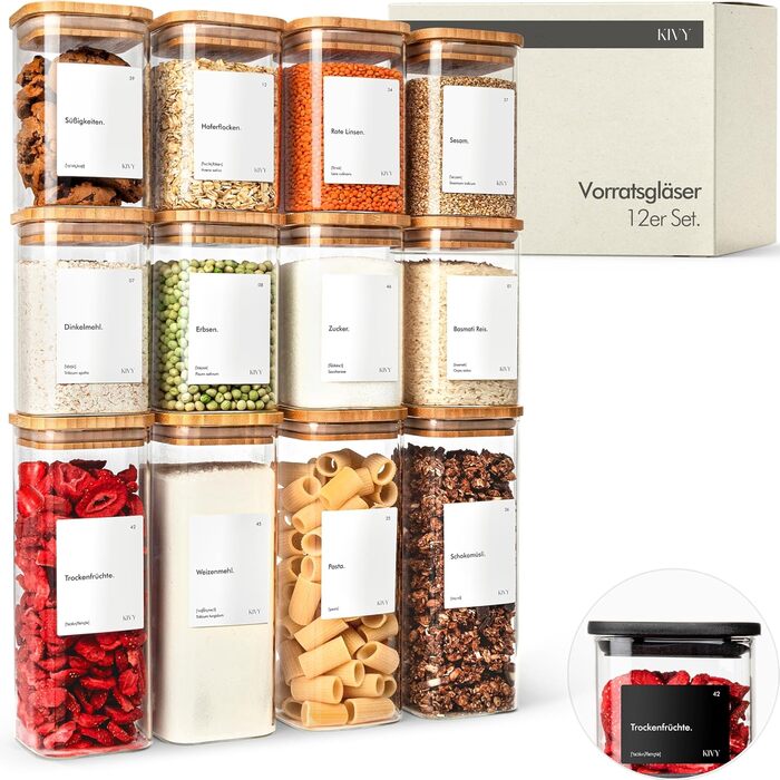 Скляні контейнери для зберігання KIVY, 12 шт. - кутові, з кришкою, бамбук