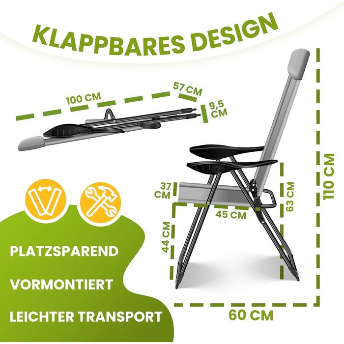 Крісла садові розкладні KESSER® 2 шт. з високою спинкою, алюміній, 7 положень, з підлокітниками, сітчасті, для балкону, тераси, кемпінгу