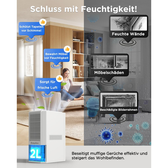EasyAcc Електричний осушувач повітря 1200 мл, енергозберігаючий, тихий, портативний, з автовимкненням та режимом сну. Ідеально для офісу та дому (2000 мл, кремовий)