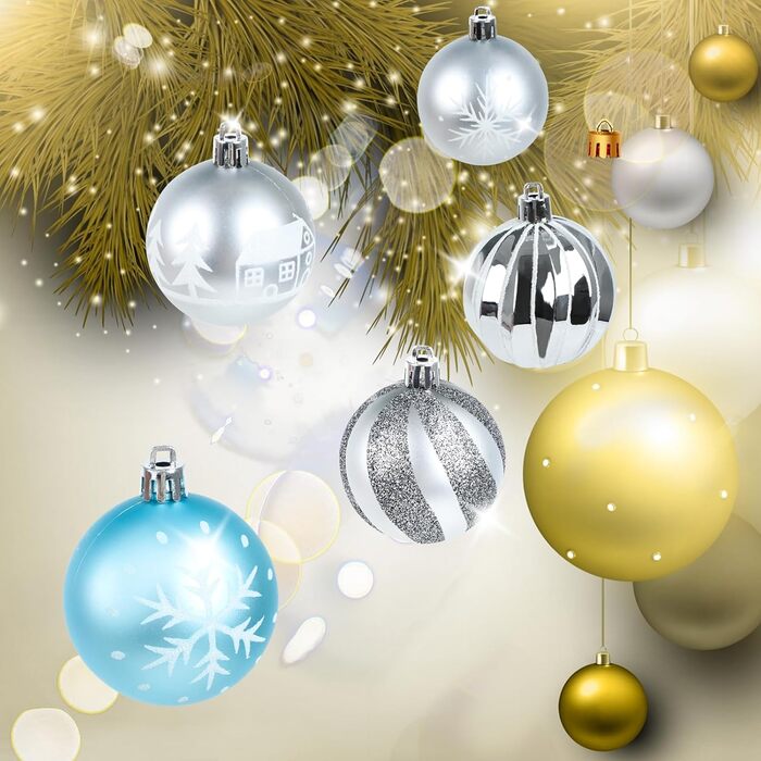 Набір прикрас на ялинку: 44 штуки кульок, 6 см та 3 см, блакитно-срібні. Прикраси для ялинки, декор для дому та вулиці