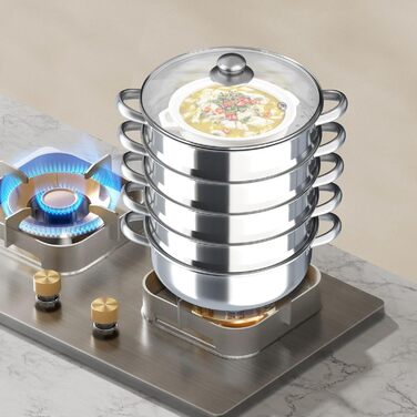 П'ятирівневий паровар Mantovarka, нержавіюча сталь, пароварка Induktion, пароварка для овочів, з кришкою з скла, підходить для всіх типів плит, пароварка Induktion