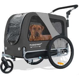 DOGGYHUT® Преміум великий 2 в 1 велосипедний причіп для собак та візок-бігунка. Великий об'єм 270 літрів для середніх та великих собак до 35 кг (сірий / чорний)