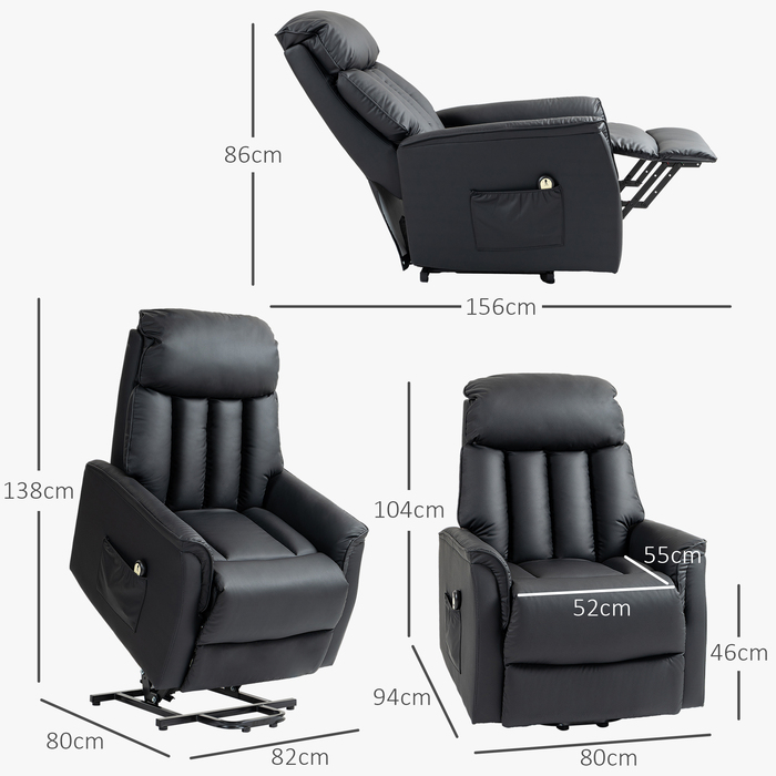 HOMCOM Electric Recliner TV Chair with Lift Assistance, Reclining Function, Massage Chair with Footrest, Side Pocket, Remote Control, for Living Room, up to 150 kg, Faux Leather, Black | Aosom