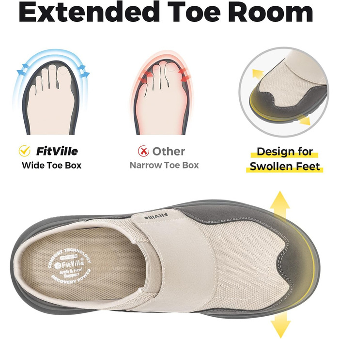 Домашні тапочки для чоловіків FitVille з широкою колодкою, з застібкою на липучці, з підтримкою склепіння стопи, розмір 41-50, бежевий, сірий