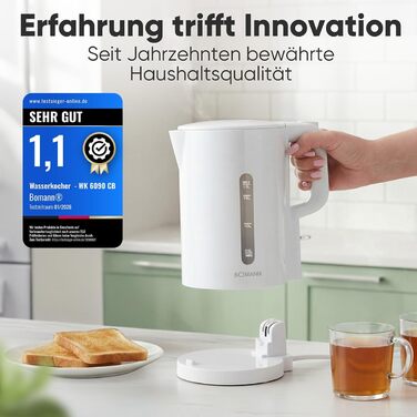 Електричний чайник Bomann WK 6090 CB (1,7л, 2200W, білий) з нержавіючої сталі, BPA Free, з індикатором рівня води та захистом від перегріву
