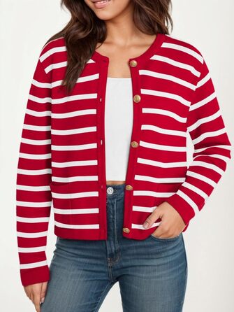 Жакет жіночий короткий з 2 кишенями на ґудзиках, смугастий пуловер, стильний осінній кардиган з круглим вирізом, модний в'язаний пуловер (S, Червоний)