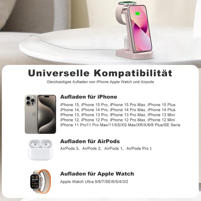Бездротова зарядка 3 в 1 з адаптером 18W, сумісна з iPhone, Apple Watch, AirPods (Рожева)