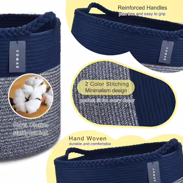 COMSE Extra Large Ceiling Basket, Woven Laundry Basket, 55 x 35 cm, Kids' Room, Cotton Rope, Laundry Basket, Living Room, for Storing Toys, Clothes, Towels, Black/Gray (Navy Blue)