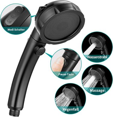 MIAOHUI Shower Head, Water-Saving with Water Stop Function, 3 Spray Patterns, Pressure-Boosting Shower Head, Shower with Hose and Holder, Black