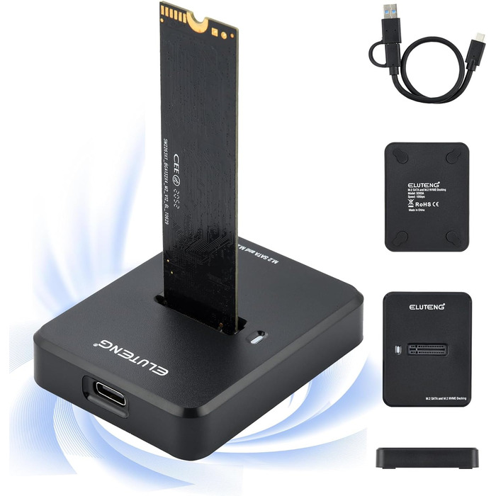 Док-станція для SSD ELUTENG: M.2 NVMe/SATA, 10Gbps, підтримка 2230/2242/2260/2280, адаптер з USB-корпусом