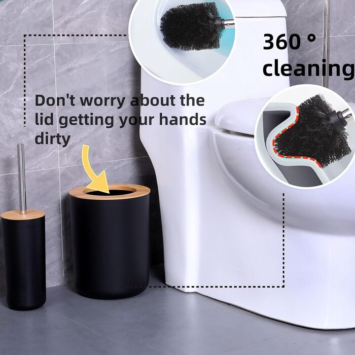 Набір аксесуарів для ванної кімнати, 9 шт., бамбук, матовий чорний (відро, дозатор мила, тримач зубних щіток, щітка для унітазу, контейнер для ватних паличок, мильниця)