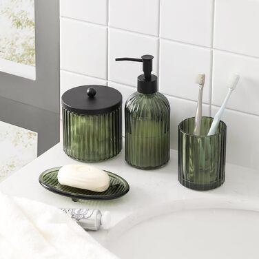 4-Piece Heavy Glass Bathroom Accessory Set with Decorative Embossed Pattern – Includes Hand Soap Dispenser, Tumbler, Soap Dish, and Toothbrush Holder (Green)