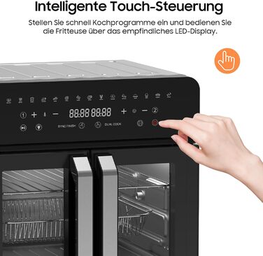 Фритюрниця без олії XXL 2000W з подвійним нагрівом | Фритюрниця з вікном, 12-в-1, функція DIY, металевий дизайн 360°, ергономічний сенсорний екран, рецепти (23 л)