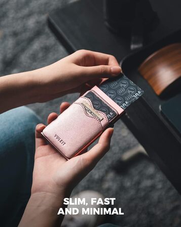 VULKIT Слім гаманець з RFID захистом та висувним відділенням для карток, шкіряний мінімалістичний металевий картхолдер для жінок та чоловіків (Перлинно-рожевий)