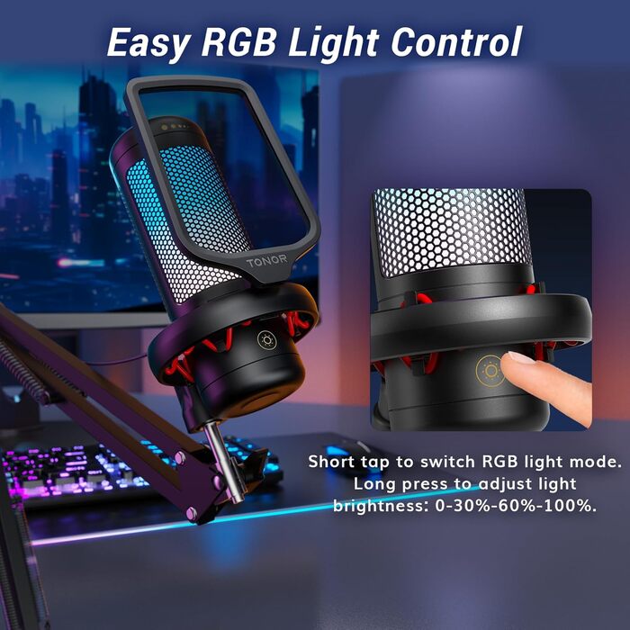 Мікрофон геймерський TONOR TC310 USB для ПК, PS4/5 з RGB підсвіткою та тримачем