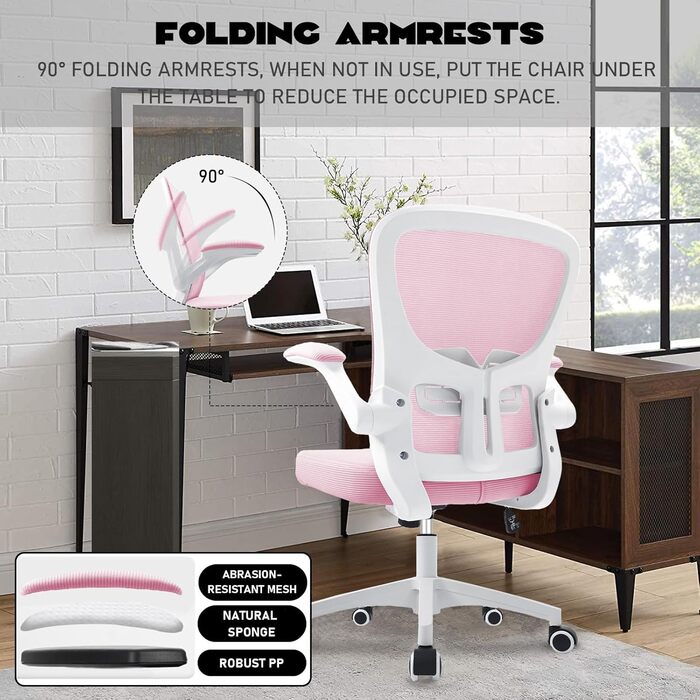Ергономічне крісло для офісу та дому з регульованими підлокітниками, підтримкою попереку, регульованою висотою та спинкою, що нахиляється до 130°, рожеве