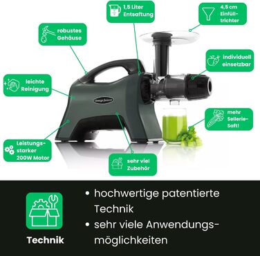 Omega Juicers MM1500 - three-stage screw press with a unique celery cap for maximum juice yield of 1.5 L - Ideal for making fruit and vegetable purees, sorbets, plant-based drinks, and includes a lot of accessories.
