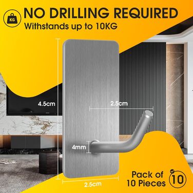 Набір тримачів для рушників без свердління, 10 шт. Самоклеючі гачки з нержавіючої сталі 304, надміцні, для великих предметів, настінні гачки для ванної, туалету та кухні, стійкі до корозії, срібні