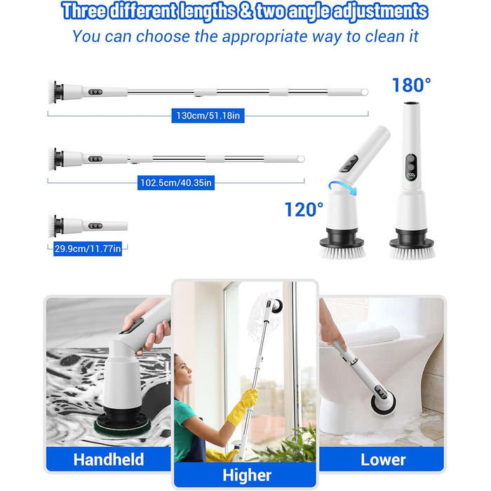 Electric Cleaning Brush, 12-in-1 Electric Spin Scrubber Cordless with 8 Interchangeable Brush Heads, Electric Cleaning Brush with Adjustable Handle for Bathroom, Kitchen, Tiles, Floors, Car (White)