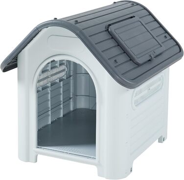 Будка для собак на вулицю Bello - вологостійка годівниця для собак з дахом та вентиляційними отворами, 87 x 72 x 75 см, пластикова, білий/сірий колір