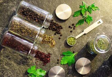 Kesign 20-Piece Spice Jar Set - with high-quality stainless steel lids - round spice containers incl. labels, shaker insert, funnel, and stainless steel spoon for spices - Perfect storage for the kitchen