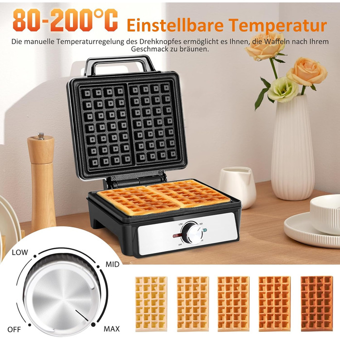 Вафельниця Aigostar для 2 бельгійських вафель, 1600W, антипригарне покриття, LED-дисплей, компактний дизайн з нержавіючої сталі, BPA та PFOA free