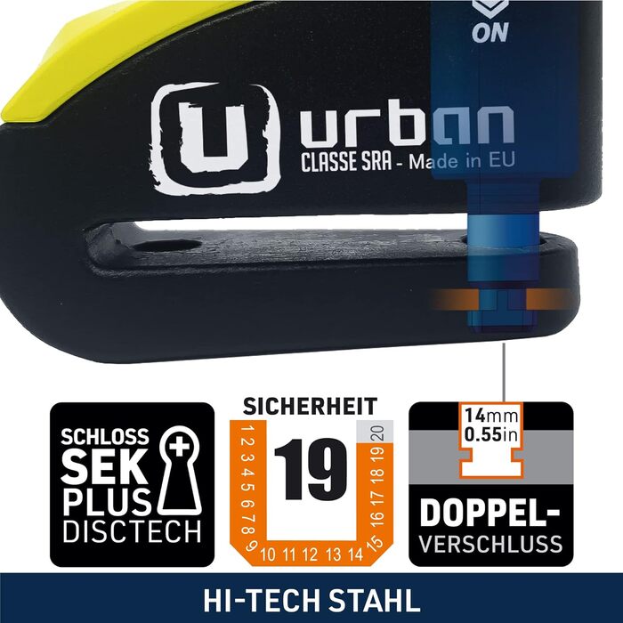 Замок на гальмівний диск URBAN 999 Hi-Tech з сигналізацією 120 дБ, подвійне блокування 14 мм, SRA сертифікат, для мотоцикла