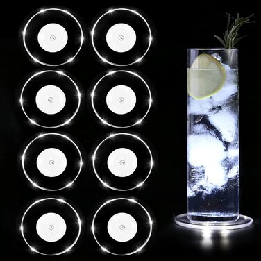 MEDOYOH 8-Piece Cool White LED Coasters - Glowing for Drinks, ON/Off Switch, Drink Coaster Set, Waterproof Acrylic Round Coasters for Glasses, Bottles, Parties, Weddings, Bar, Christmas, Pub