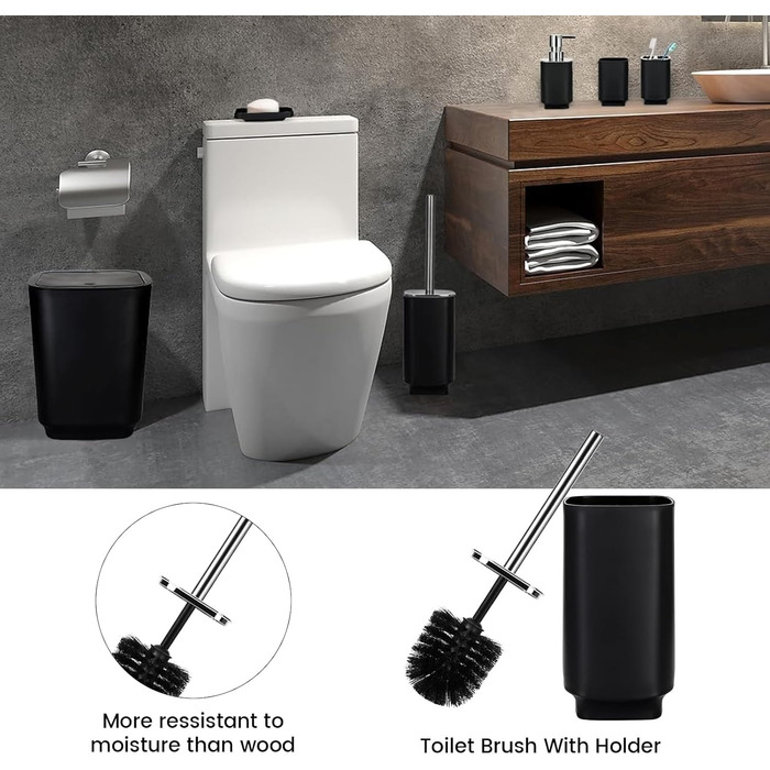 Сучасний набір для ванної кімнати на 6 предметів (білий) з дозатором мила, тримачем для зубних щіток, мильницею, WC-щіткою, відром та стаканом (чорний метал)