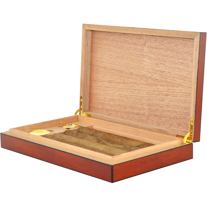 Вологозбережувач для сигар Eitida на 25-50 сигар з прозорим скляним дисплеєм, ручної роботи з іспанського кедру з перегородкою, зволожувачем та гігрометром, чорний ебоніт (Sapeli-kirsche_5ct)