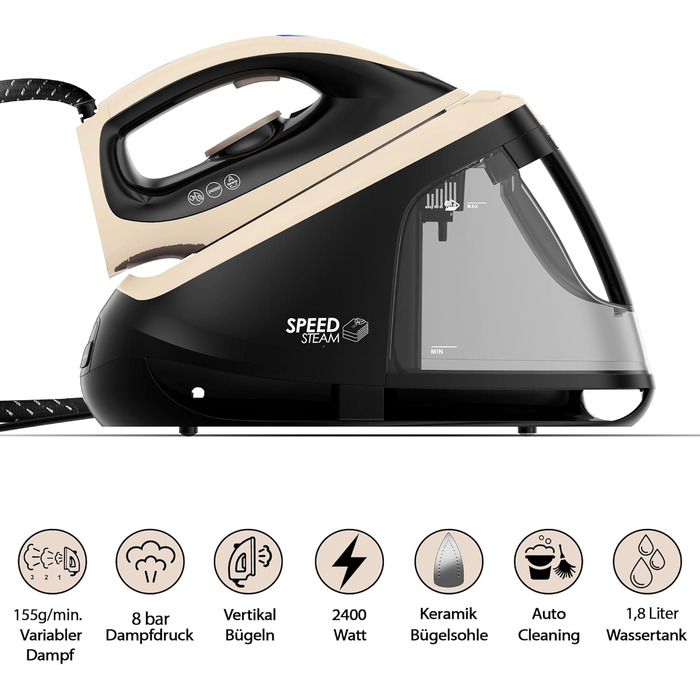 Праска-парогенератор Tristan Auron Elite 8, 2400 Вт, 400 г/хв, 1,8 л, автоматичне вимкнення, чорний