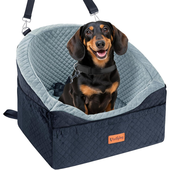 Elevated Dog Car Seat - Small & Medium Dogs (Up to 13.6KG) - Washable, Travel Bed with Storage & Safety Belt (Black & Grey)