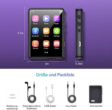 MP3 плеєр 64GB Bluetooth 5.3 HiFi з металевим корпусом, радіо FM, диктофон, сенсорний екран 2.4