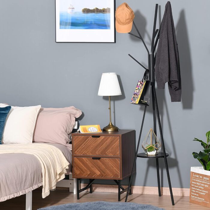 HOMCOM Coat Rack, Clothes Rack with 8 Hooks, Coat Stand with Shelf, Freestanding Coat Rack for Clothes, Hats, Bags, Metal, Black, 45 x 45 x 180 cm