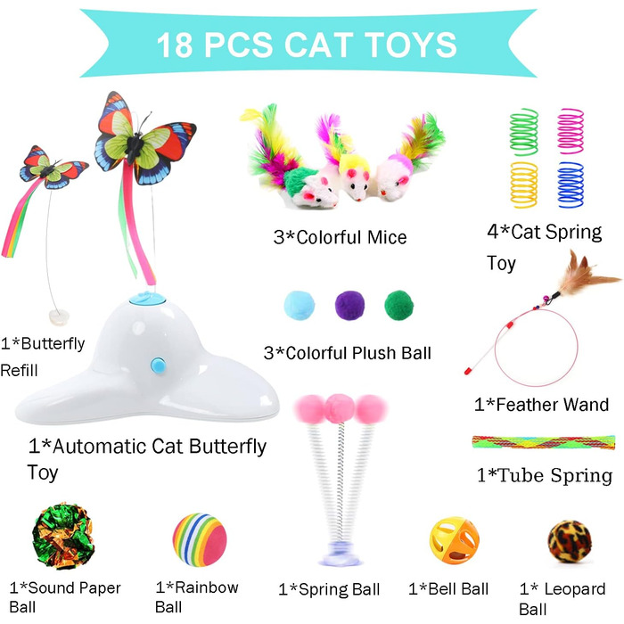 18 PCS Interactive Automatic Butterfly Cat Toy with Kitten Play Balls for House Cats Adults - 18 Pack Gift