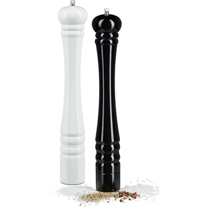 Set of 2 Wooden Macinapepe (Pepper Grinders), 40 cm Ceramic Grinder, Manual, Salt and Pepper Grinder, Classic Design, Black/White
