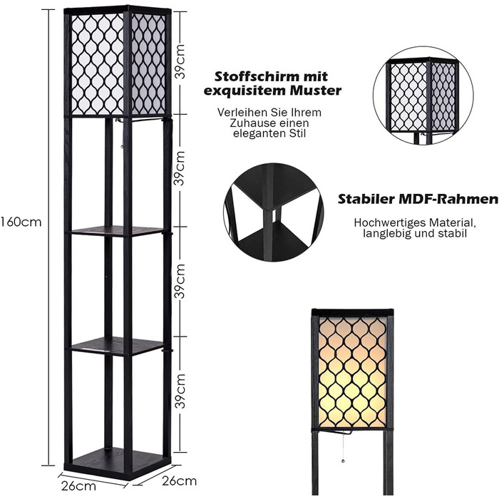 Стельова лампа RELAX4LIFE з 3 полицями, 26 x 26 x 160 см, чорна (Модель 2)