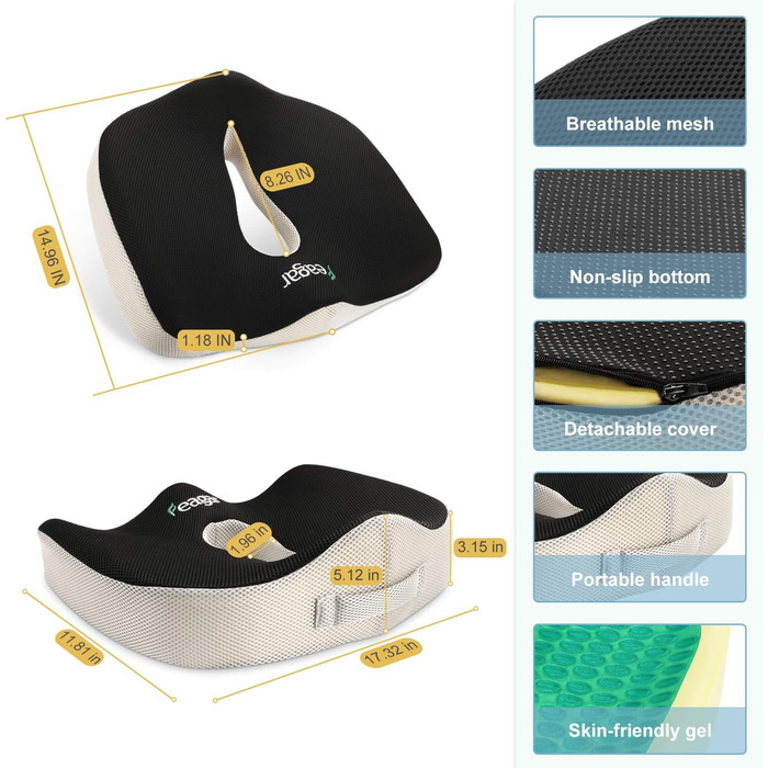 Гелеве сидіння Feagar: ортопедична подушка для офісного крісла, авто, інвалідного візка, для спини, гелевий наповнювач, 60-100 кг