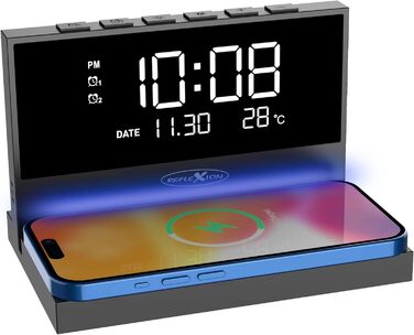 Бездротовий зарядний пристрій Reflexion ACW2188: зарядка смартфона, будильник, нічник, USB-порт, великий дисплей