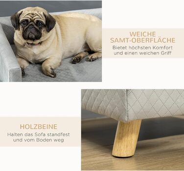 Диван для собак PawHut з дерев'яними ніжками, лежанка для домашніх тварин, м'яка подушка для собак, підходить для маленьких собак до 8 кг, сірий, 64 x 45 x 36 см