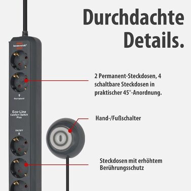 Бренненштуль Eco-Line Comfort Switch Plus мережевий фільтр 6-фазовий (розподільний блок з 2 постійними та 4 вимикачами, підсвічений вимикач) антрацит