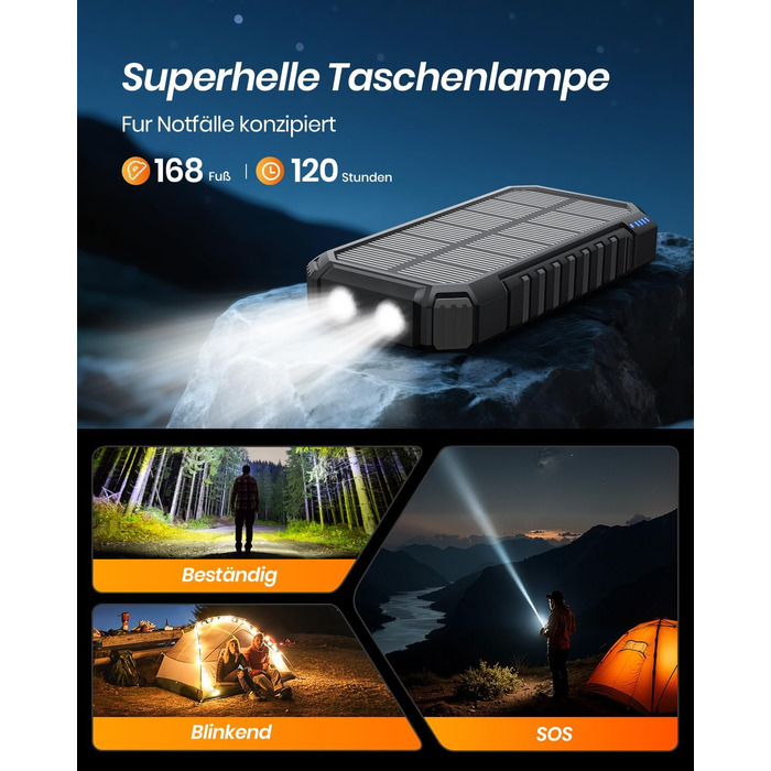 Портативний зарядний пристрій ADDTOP Solar Power Bank 26800mAh з сонячною панеллю, USB-C, 3.0A, 4 виходи для смартфонів та планшетів, ліхтар для кемпінгу та відпочинку на природі (Чорний)