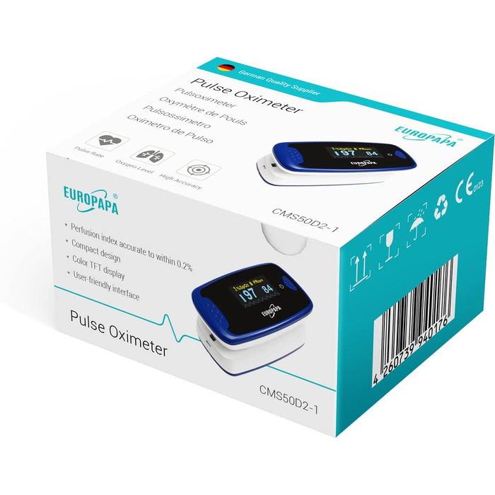 Пульсоксиметр EUROPAPA: вимірювання SpO2 та пульсу з OLED екраном (синій)