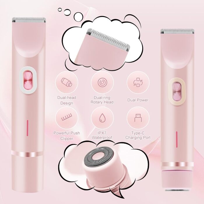 Електричний тример для бікіні з двома головками - для жінок та чоловіків. Інструмент для інтимної зони, для гладкої шкіри. Рожевий колір.