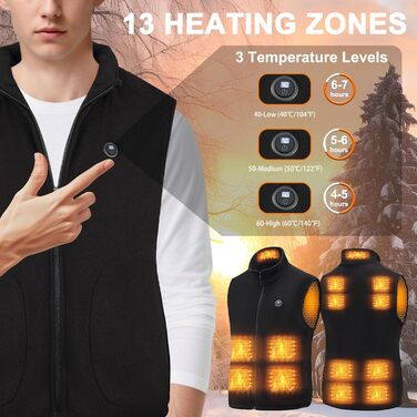 Обогреваемый жилет с аккумулятором 27000mAh 7.4V флисовый жилет, электрический жилет с 13 зонами нагрева, 3 режима температуры, мужской/женский, XL, глубокий черный