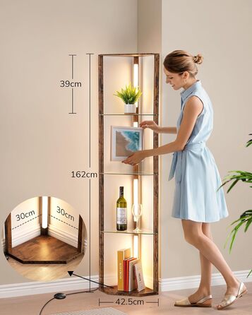 Стійка лампа EDISHINE з 4 полицями з дерева, LED диммер, 3 кольори світла, поворотний світловий маніпулятор, підсвічування полиць, регулювання яскравості, футовий вимикач, для вітальні (Вінтаж-коричневий+скло)