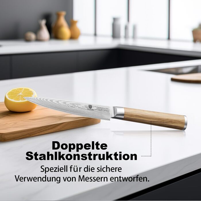 BRODARK Ніж кухарський Дамаск з VG10 сталевим ядром, професійний, з ручкою з оливкового дерева, High Carbon нержавіюча сталь (5.5 дюймів)