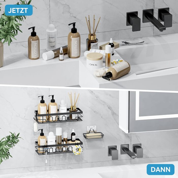 Поличка для душу без свердління, 3-секційний органайзер для душу з регульованими кошиками, нержавіюча сталь - Максимальний простір для зберігання з мильницею та 3 гачками для душу, ванної, кухні, балкону - Підставка для душу без свердління